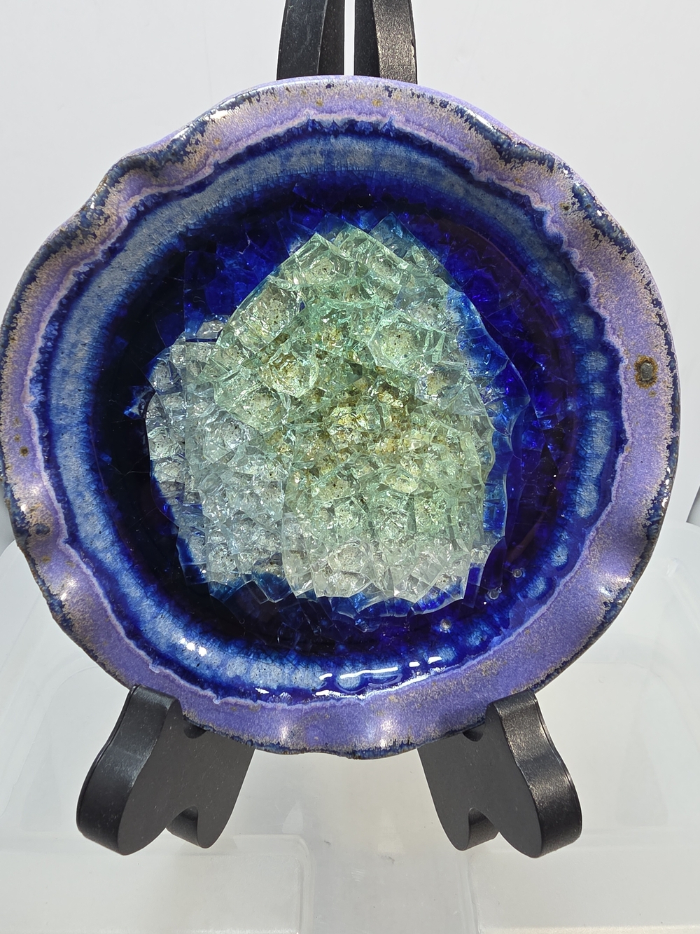 Handmade Pottery Crystalline Glaze Glass Mosaic Bowl Blue Purple 5.5" (B1)